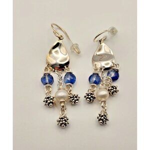 Michael Dawkins Sterling Silver 925 Pearl Blue Bead Dangle Earrings